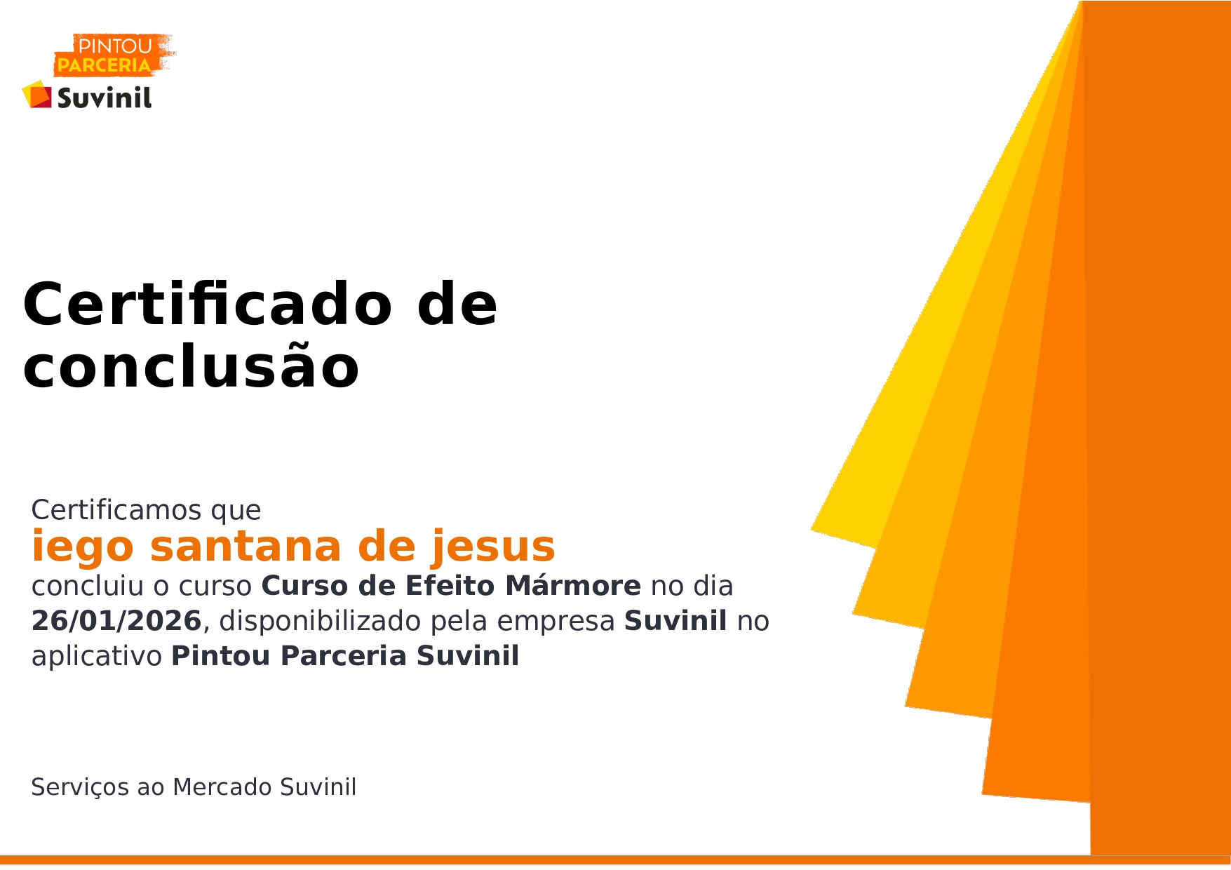 Certificado Curso Efeito Mármore - Iego Santana Pintor Peruíbe